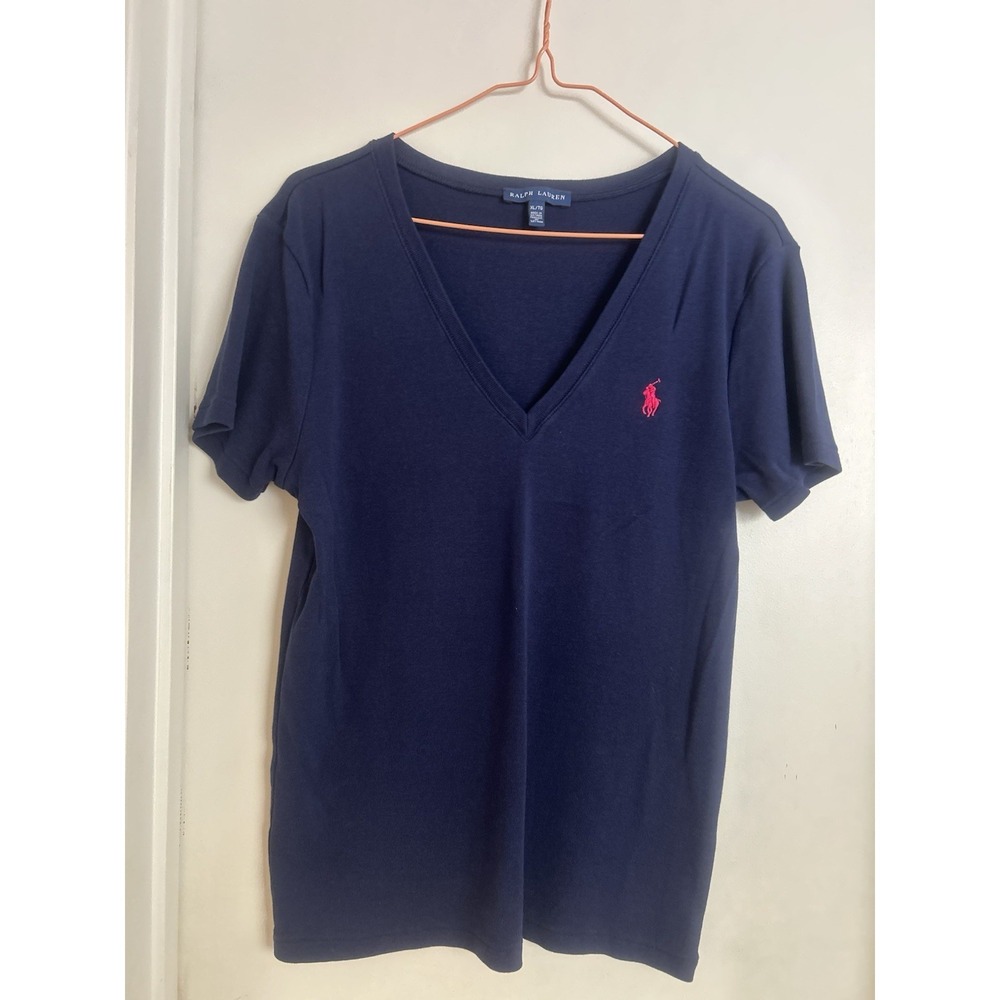 Ralph Lauren Women's Navy V-Neck Cotton Short Sleeve Shirt Size XL